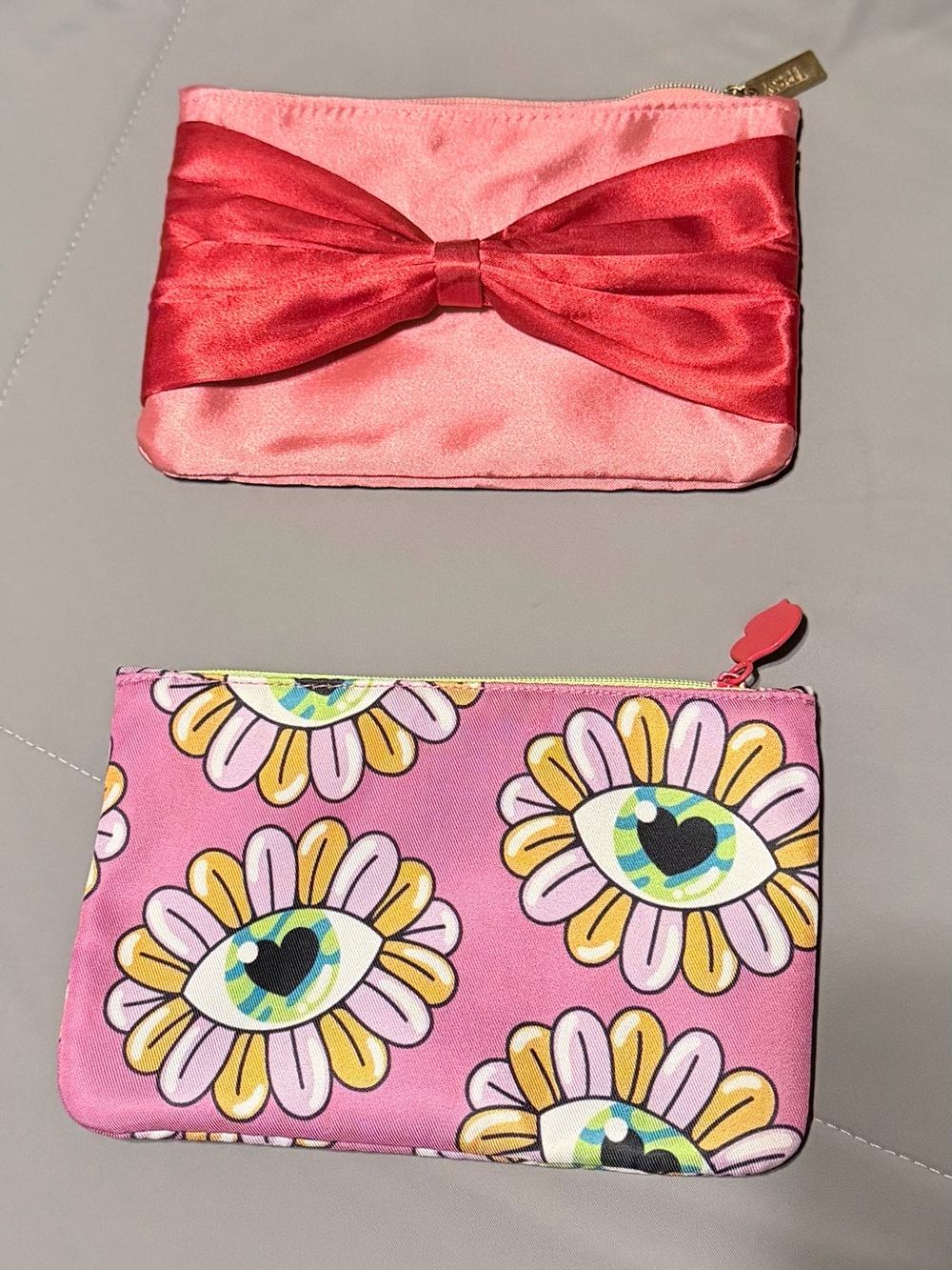 Small Ipsy Pink Bow Satin Pouch & Pink Floral Eye Zip Pouch Duo